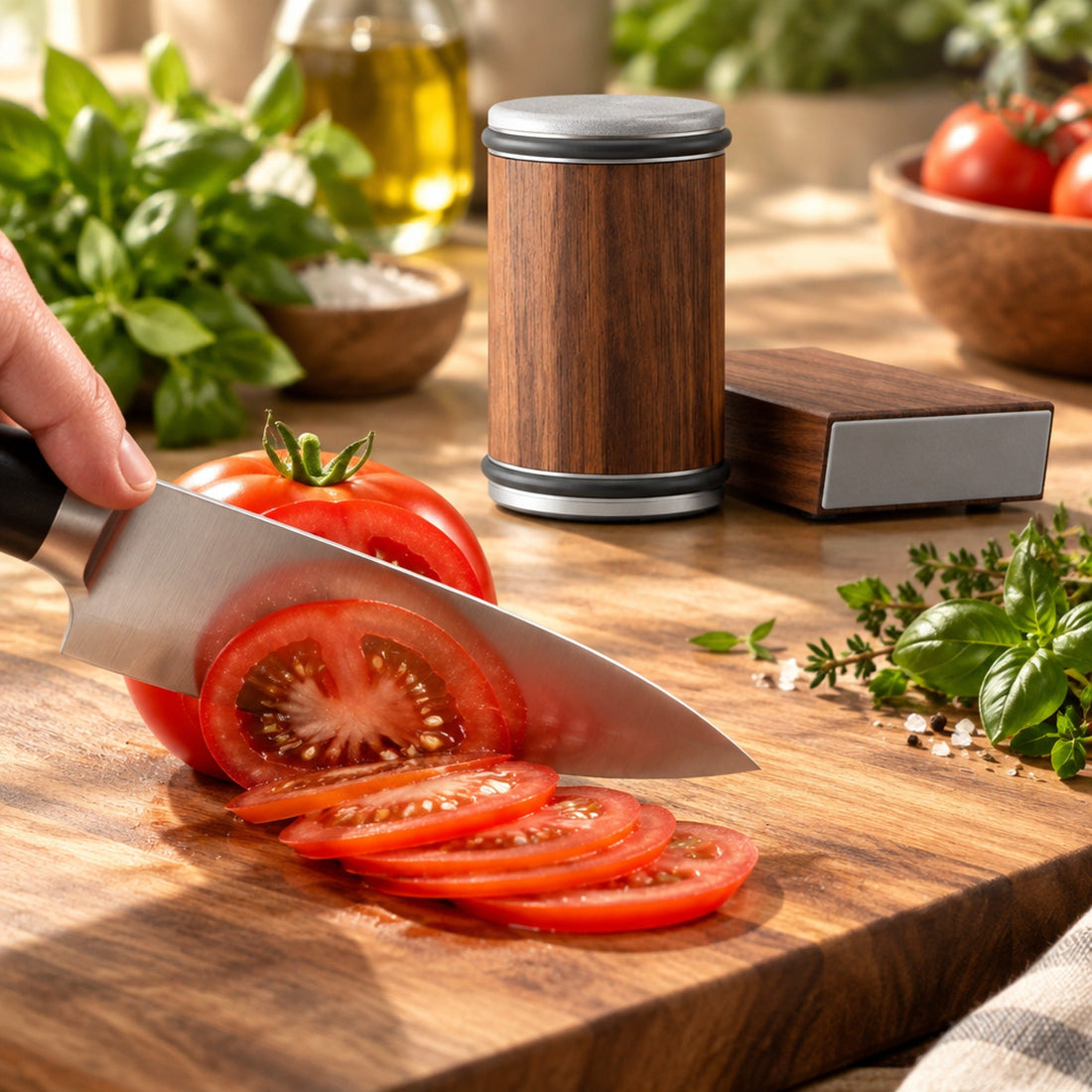 Freshly sharpened chef's knife slicing a tomato next to the Sharpsmith rolling sharpener