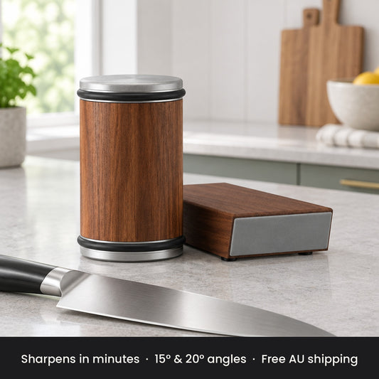 Sharpsmith walnut rolling knife sharpener with magnetic angle block and chef's knife